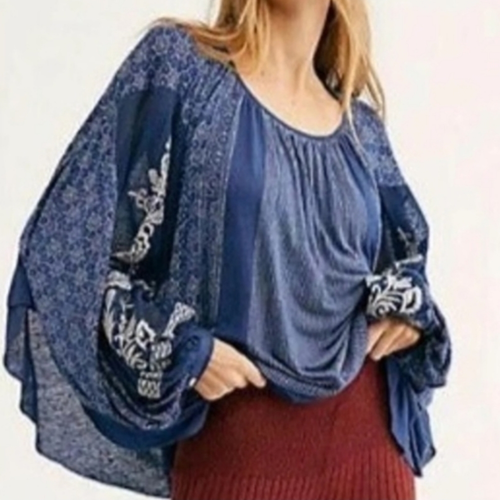 Free People Womens Indigo Dreams Embroidered Tunic Top NEW! - Picture 2 of 10